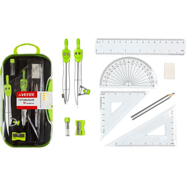 Готовальня 10 пр. "deVENTE" в пластиковом футляре с черным ложементом, цвет футляра - яркий салатовый
