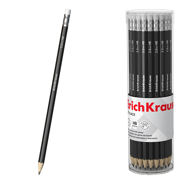 Карандаш ч/г HB ErichKrause Jet Black, шестигранный , с ластиком, HB (в тубусе)