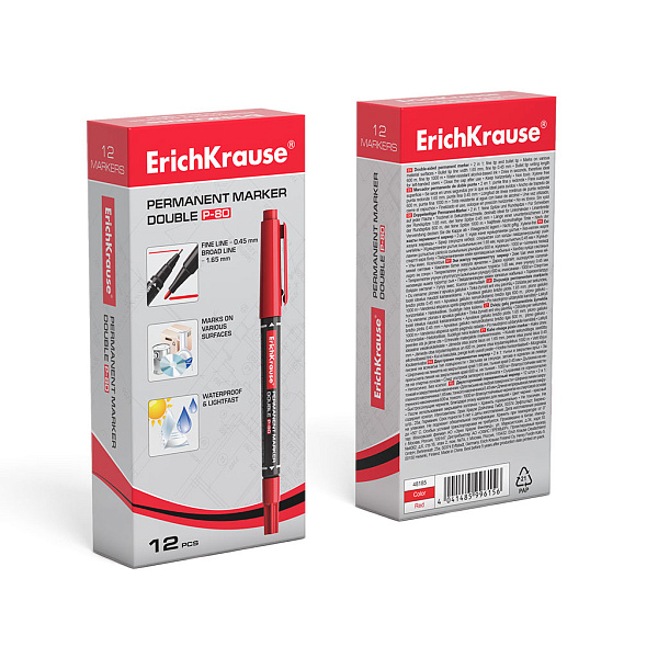Двухсторонний перманентный маркер ErichKrause® Double P-80, цвет чернил красный (в коробке по 12 шт.)