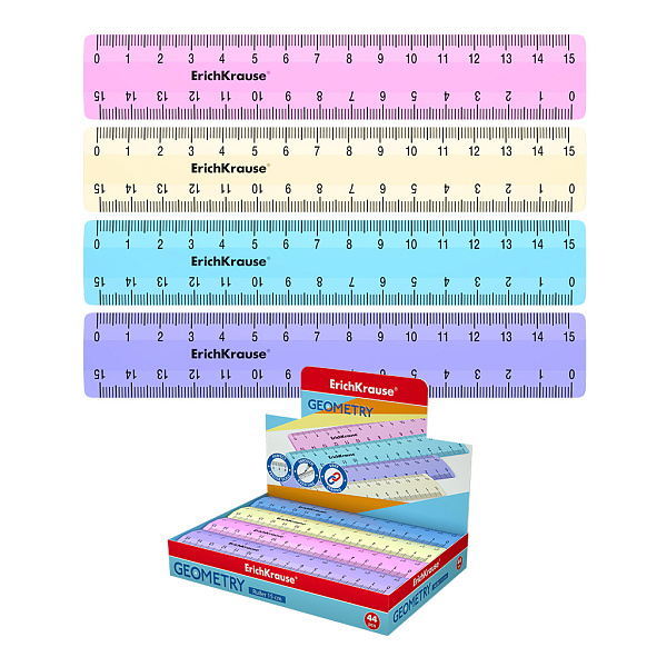 Линейка 15 см ErichKrause Pastel, ассорти из 4 цветов, в коробке-дисплее