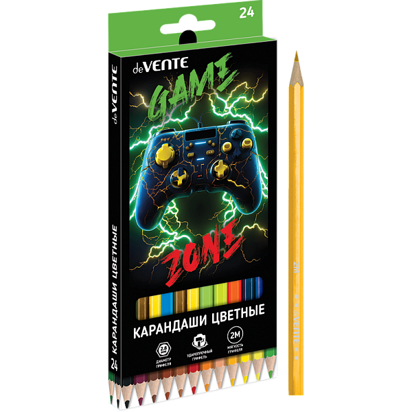 Карандаши 24 цв. "deVENTE. Gamer" 2М, диаметр грифеля 2,8 мм, шестигранные, в картонной коробке