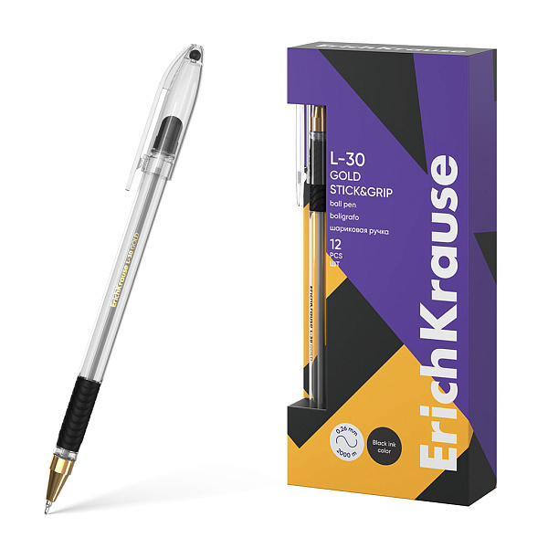 Ручка шариковая ErichKrause L-30 Gold Stick&Grip Classic Super Glide Technology, ЧЕРНАЯ, 0,7 мм 