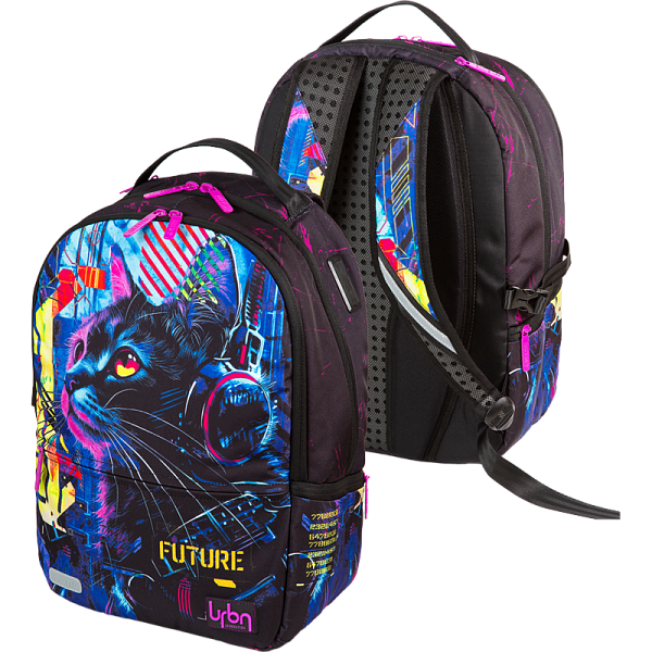 Рюкзак "deVENTE. Label. Cyber Cat" подростковый 39x30x17 см (19 л) вес 750 г, эргономичная вентилируемая спинка и широкие вентилируемые S-образные регулируемые лямки, 2 отделения на молнии, уплотненные отделения для ноутбука до 15дюймов и книг, 1 пер