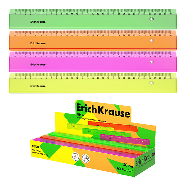 Линейка 30 см ErichKrause Neon, пластиковая, ассорти (в коробке-дисплее по 45 шт)