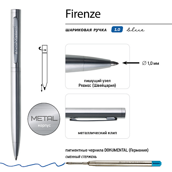 Ручка "FIRENZE" В SOFT TOUCH футляре 1.0 ММ, СИНЯЯ (корпус серебряный, футляр черный)
