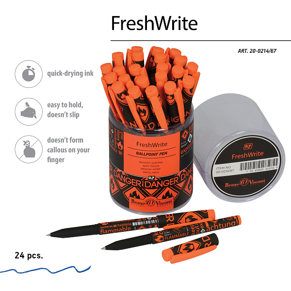 Ручка шариковая 0,7 мм "FreshWrite. Огнеопасно!" СИНЯЯ