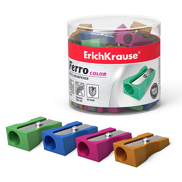 Точилка металлическая ErichKrause® Ferro Color, цвет корпуса ассорти (в тубусе по 48 шт.)