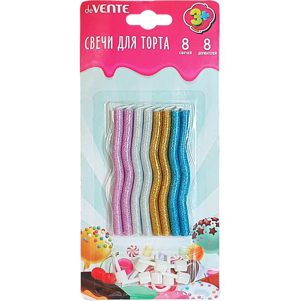 Набор свечей для торта "deVENTE. Glitter Zig-Zag" 8 разноцветных свечек с блестками 8,0x0,6 см и 8 держателей, в картонном блистере