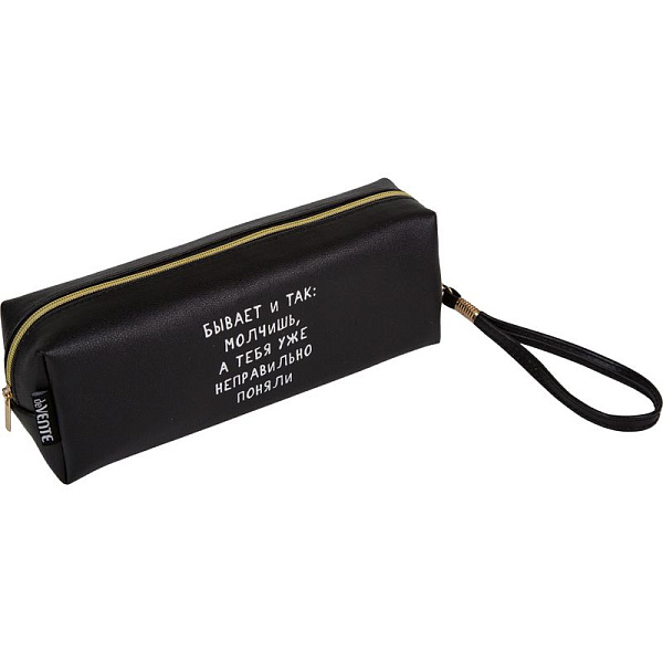 Пенал-косметичка "deVENTE. Белым по чёрному" 21,5x8x5 см, прямоугол.для 75 пр., на молнии, матовая черная искусс.кожа,на петле 