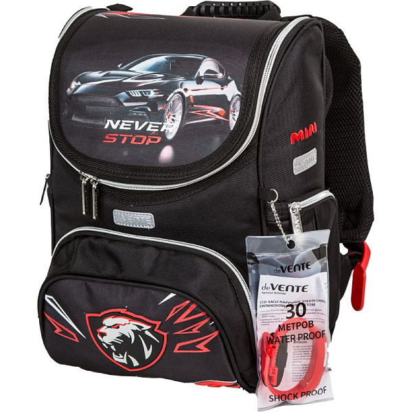 Ранец "deVENTE. Mini. Never Stop" школьный жесткий 35x26x20 см (14 л) вес 800 г, 1 отд. на замке с карманом для учебников, 1 передний карман на молнии, 2 боковых кармана на молнии с расширением, эргономичная формоустойчивая вентилируемая спинка и мяг