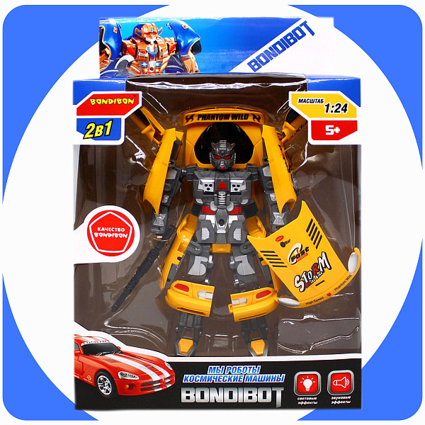 Трансформер 2в1 BONDIBOT Bondibon робот-автомобиль жёлтый, со светом и звуком, BOX 22x32x8,5 см, арт. M7409-9.
