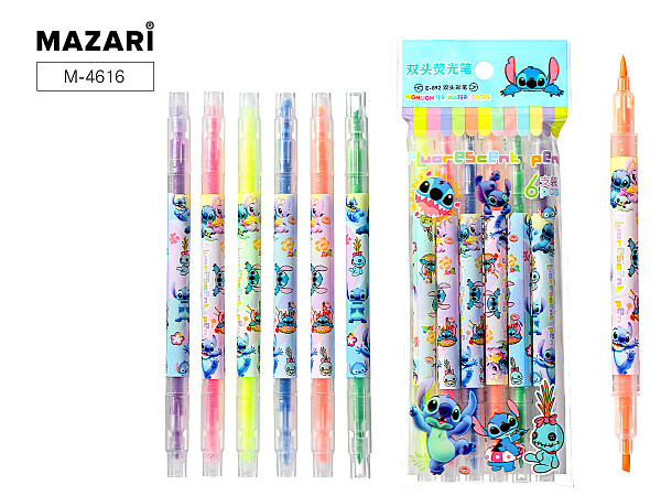 Набор текстовыделителей 6цв"Ушастик" двусторон., пулевид/скошенный наконечник, ширина линии 1-3мм