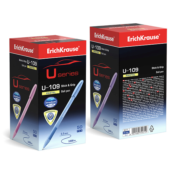 Ручка шариковая 1,0 мм ErichKrause® СИНЯЯ, U-109 Pastel Stick&Grip Ultra Glide Technology,в коробке по 50 шт.)