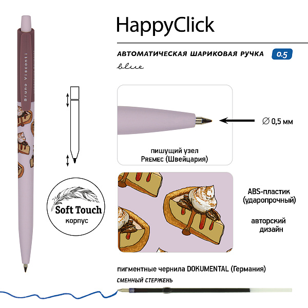 Ручка шариковая 0,5 мм HappyClick. Кофемания. Чизкейк, СИНЯЯ