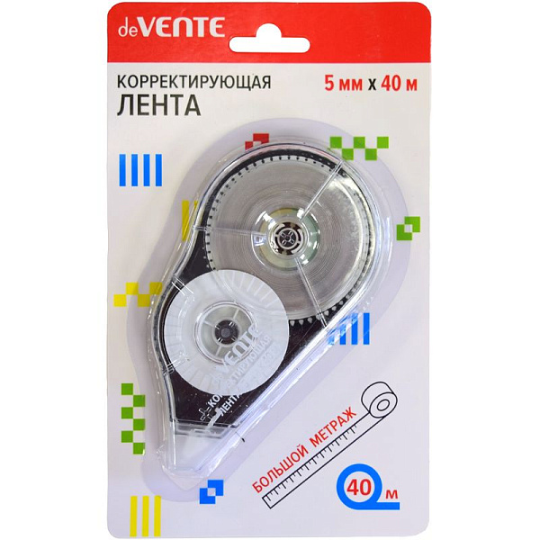 Корректир. лента 5мм х 40м "deVENTE" прозрачный корпус с черным, фронтальный аппликатор, с защитным колпачком, в картонном блистере