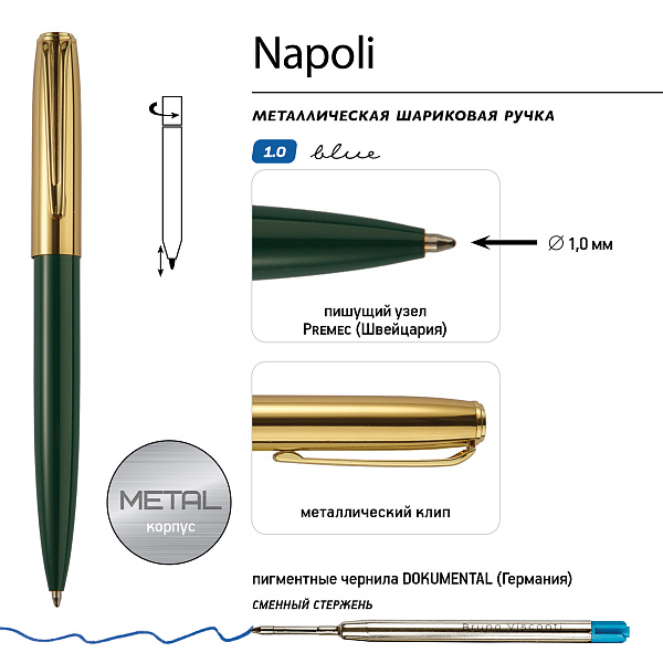 Ручка "NAPOLI" в футляре PREMIUM из экокожи, 1,0 ММ, СИНЯЯ (корпус зел и золотой, футляр черный)