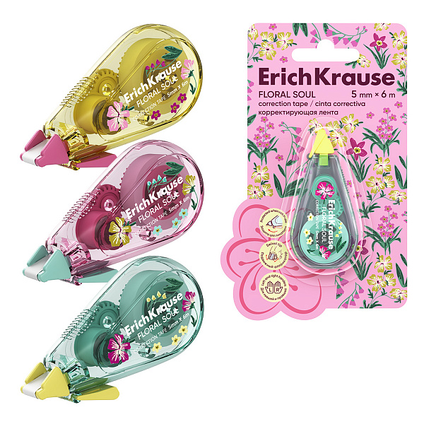 Корректир. лента 5мм х 6м ErichKrause Floral Soul с печатью на корпусе, асс. (в блистере по 1 шт.)