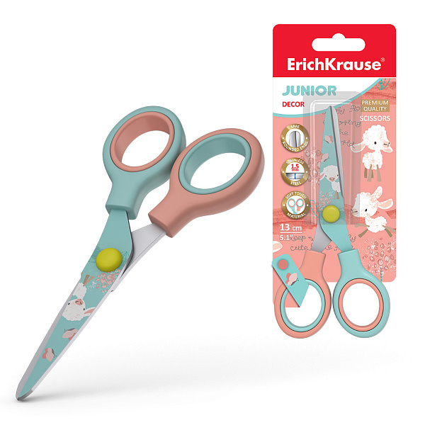 Ножницы 130 мм ErichKrause Junior Decor Curly Sheep с принтом на лезвиях, (в блистере по 1 шт.)