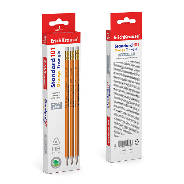 Карандаш ч/г HB с ластиком трехгранный ErichKrause® Standard triangle 101 Orange пластиковый (в коробке 12 шт.)