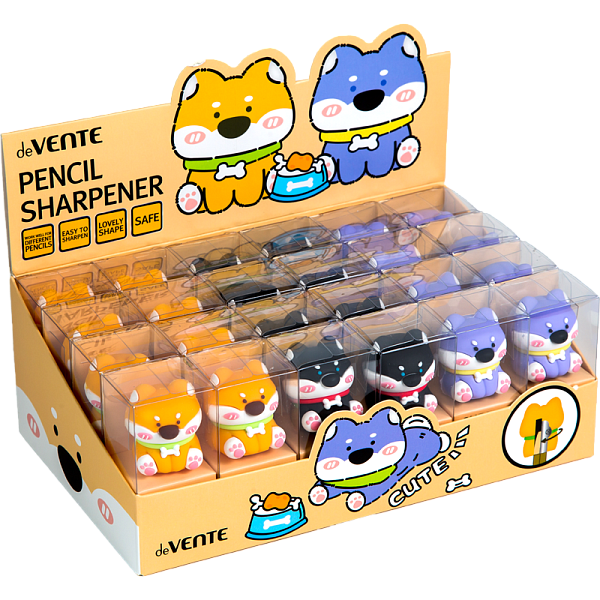 Точилка 1 отв. deVENTE. Doggy, пластиковая с покрытием Softкаждая в индивидуальной пластиковой коробочке с маркировкой, ассорти 3 дизайна