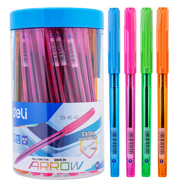 Ручка шариковая 0,7 мм Deli  Arrow,СИНЯЯ, прозрачный ассорти 