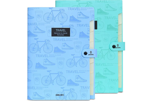 Папка-портфель Deli 5737 на кнопке 8 отдел. A4 пластик ассорти