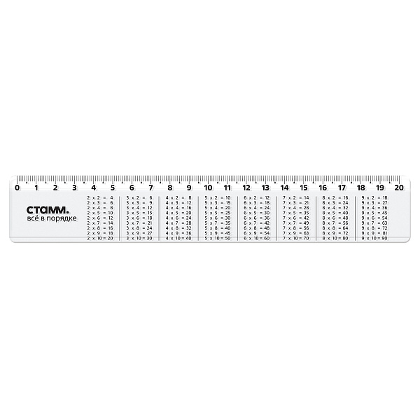 Линейка 20см СТАММ "Таблица умножения", со справочным материалом, пластиковая, прозрачная, бесцветная