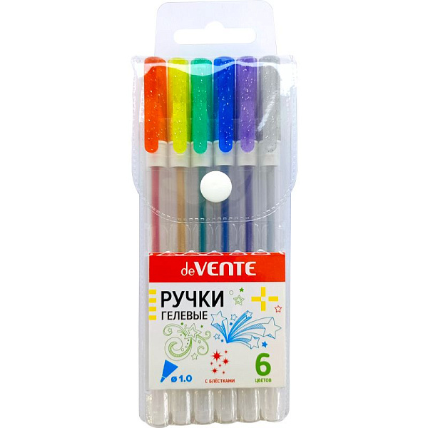 Набор ручек гелевых 6 шт."deVENTE. Hit Glitter" 6 цветов с блёстками, d=1 мм, прозрачно-матовый корпус,смен.стерж. в блистере