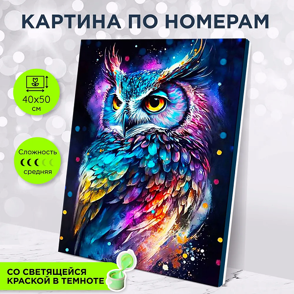Картина по номерам 40*50 светящаяся краска "ЯРКАЯ СОВА" 24 цвета