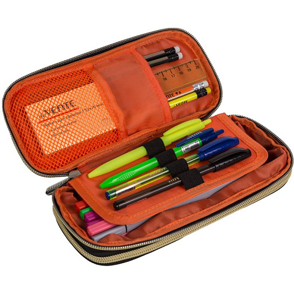 Пенал "deVENTE. Minimalism" 21x8x3(7) см, овальный с возможностью расширения черный, для 90 пр. с внутренним органайзером-створкой, 2-мя внутренними открытыми карманами, высококачественный полиэстер, тракторная серебристая молния, на молнии,