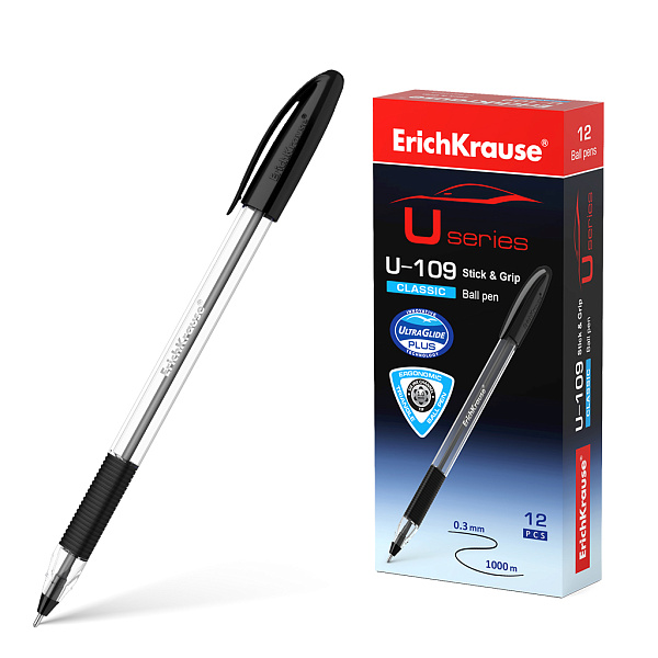 Ручка шариковая 1,0 мм ErichKrause® ЧЕРНЫЙ, U-109 Classic Stick&Grip,Ultra Glide Technology, (в коробке по 12 шт.)
