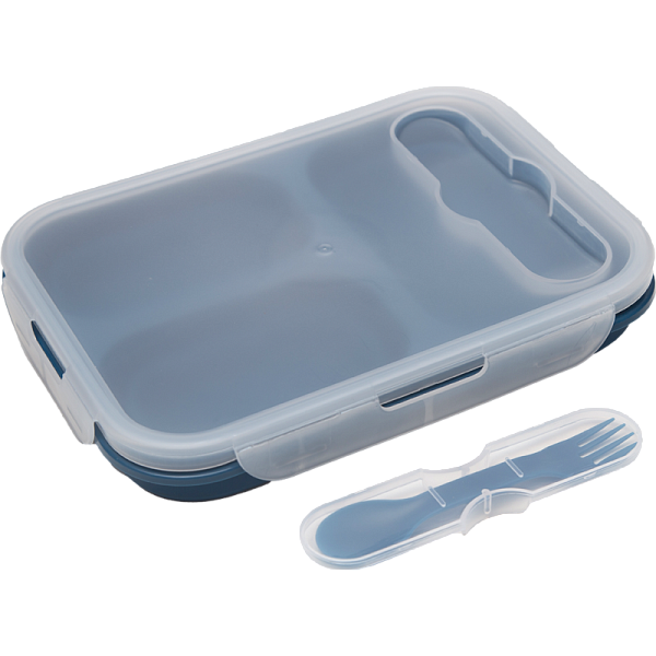 Ланчбокс складной герметичный "deVENTE" прямоугольный с 3-мя отделениями, 1300 мл, 24x17,5x7,5 см, в сложенном виде высота 4 см, силиконовый, с пластиковой крышкой, с пластиковой вилкой-ложкой в комплекте, темно-синий