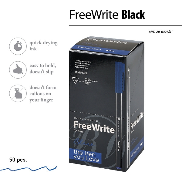 Ручка шариковая 0,7 мм "FreeWrite Black" СИНЯЯ 