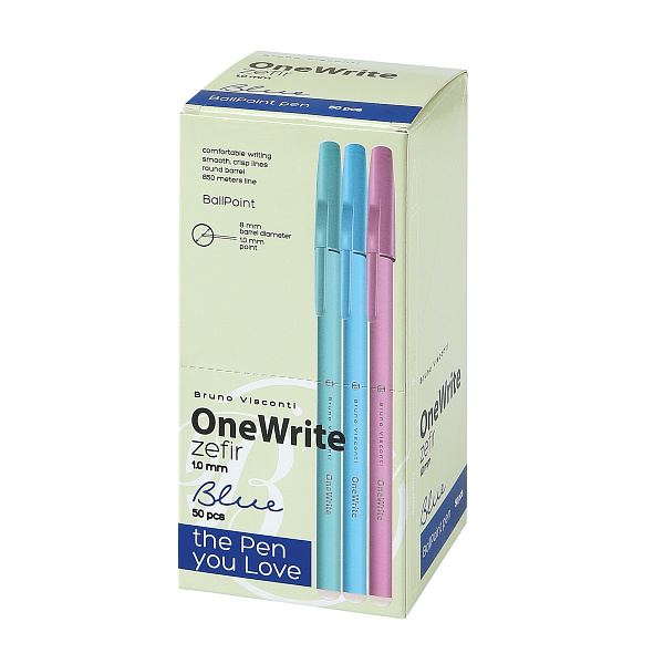 Ручка шариковая 1,0 мм "OneWrite Zefir" СИНЯЯ (3 цвета)