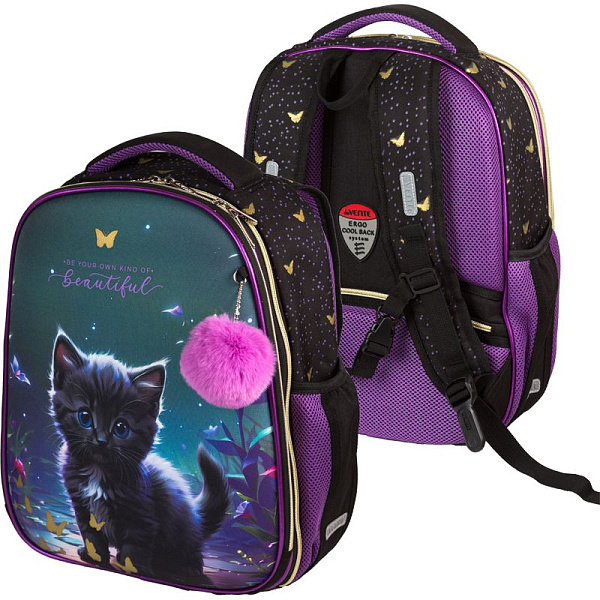 Рюкзак школьный "deVENTE. Choice Lite. Beautiful Cat" жесткий 38x29x17 см (17 л) вес 800 г, 1 отделение на молнии с разделителями для учебников, 1 отделение с органайзером, 2 боковых кармана сеткой на резинке, эргономичная формоустойчивая вентилируем