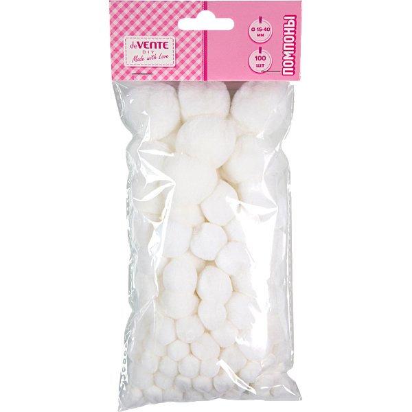 Набор помпонов для творчества "deVENTE. DIY" 100 шт, белые (15 мм - 30 шт, 20 мм - 25 шт, 25 мм - 20 шт, 30 мм - 15 шт, 40 мм - 10 шт) в пластиковом пакете с блистерным подвесом