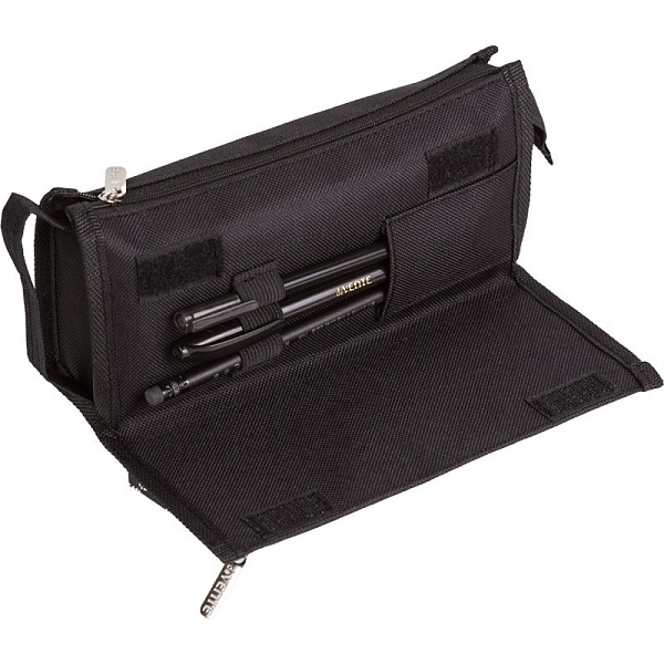 Пенал "deVENTE. TOTAL BLACK" 21x10x7,5 см, прямоуг.для 60 пр. текстильный с иск.кожей, на молнии,с аппликацией из каучука, с ручкой-петлей