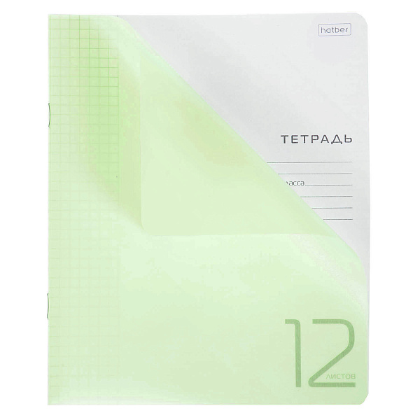 Тетрадь 12 листов в клетку, пластиковая обложка "Зелёная" 60-65г/кв.м