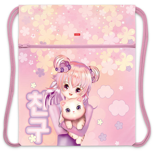 Мешок для обуви 34*47 Hatber с карманом на молнии 1 отд. "Аниме с котиком"   в индив.упак.