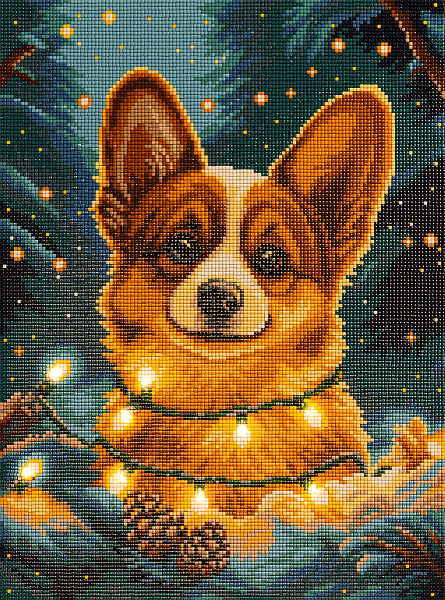 Алмазная мозаика 30*40 "ФРЕЯ" на подрамнике "Корги с гирляндой" (со светодиодами) 30 х 40 см