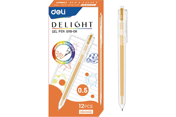 Ручка гелевая автомат. 0,5 мм Deli Delight Оранжевая, корп.прозрачный 