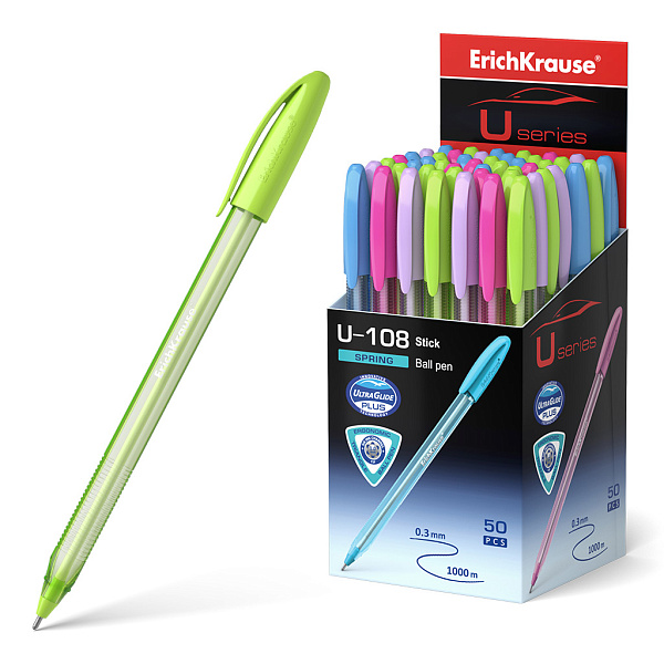 Ручка шариковая ErichKrause® U-108 Spring Stick 1.0, Ultra Glide Technology, цвет чернил синий (в коробке по 50 шт.)