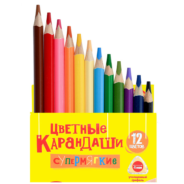 Карандаши 12 цв. ПРЕМИУМ "Каляка-Маляка" утолщенные, супермягкие, деревян., трехгран., карт.уп.