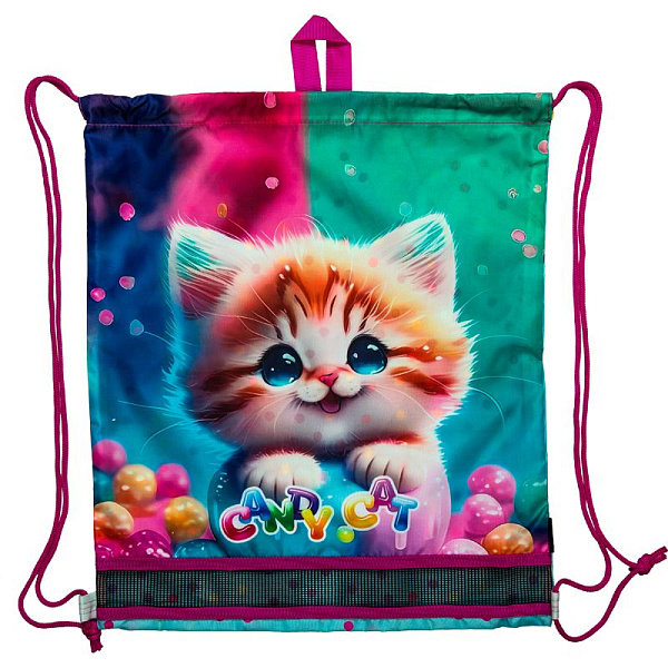 Сумка для сменной обуви "deVENTE. Candy Cat" 40x47 см, водоотталкивающая ткань, на веревочной завязке, с вставкой из пластиковой сетки для вентиляции, с петлей для повеса и переноски