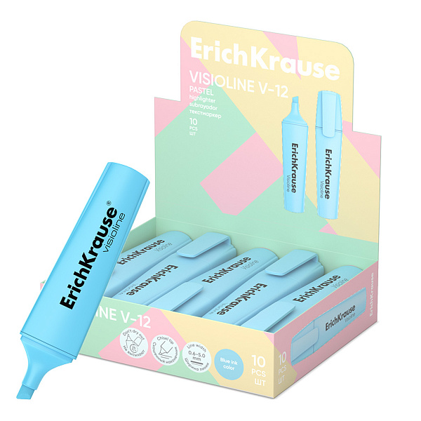 Маркер-текстовыделитель ErichKrause Visioline V-12 Pastel, цвет чернил голубой (в коробке-дисплее по 10 шт.)