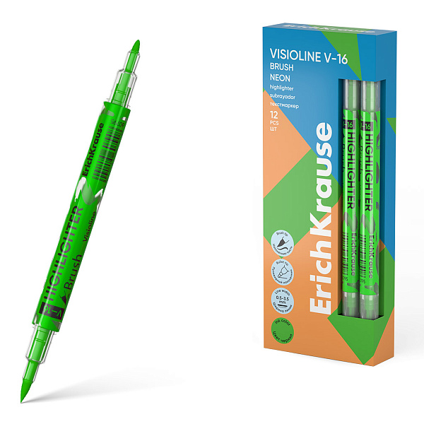Двухсторонний текстмаркер ErichKrause  Visioline V-16 Brush Neon, цвет чернил зеленый (в коробке по 12 шт.)