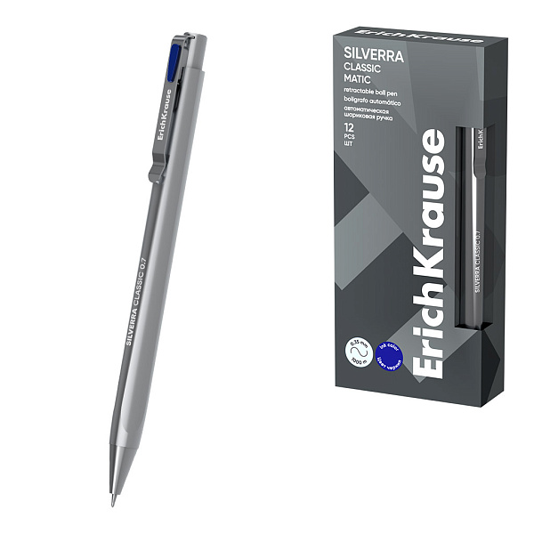 Ручка шариковая автоматическая ErichKrause Silverra Matic Classic 0.7, Super Glide Technology, цвет чернил синий (в коробке по 12 шт.)