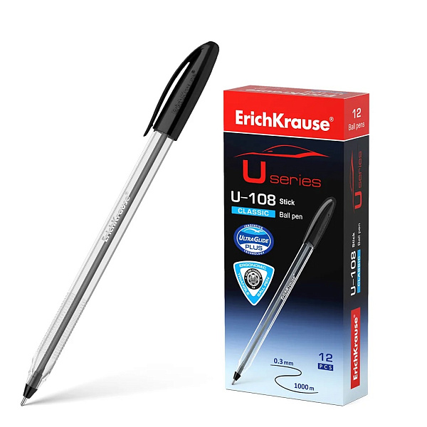 Ручка шариковая ErichKrause® U-108 Classic Stick 1.0, Ultra Glide Technology, цвет чернил черный (в коробке по 12 шт.)