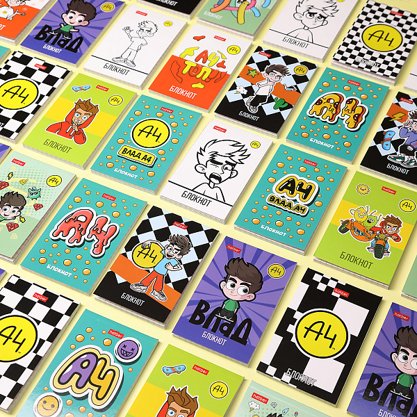 Блокнот А7 48 л. кл. 65х100 мм, 3-х цв. блок клетка на клею КОМПЛЕКТ"Влад " А4 52дизайна