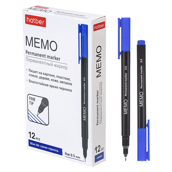 Маркер перм. 0,5 мм Hatber Memo  Синий в картонной коробке